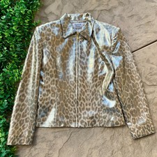 Giancarlo Ferrari Leopard Print Metallic Lame Zip Jacket Gold Beige Brown Size 6