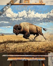 8x10 Matte Print Majestic Bison Charging Across Prairie - Western Art  