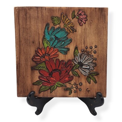 Vintage MCM Hand Painted Art Tile Colorful Florals Faux Wood Grain Signed 6''x6''