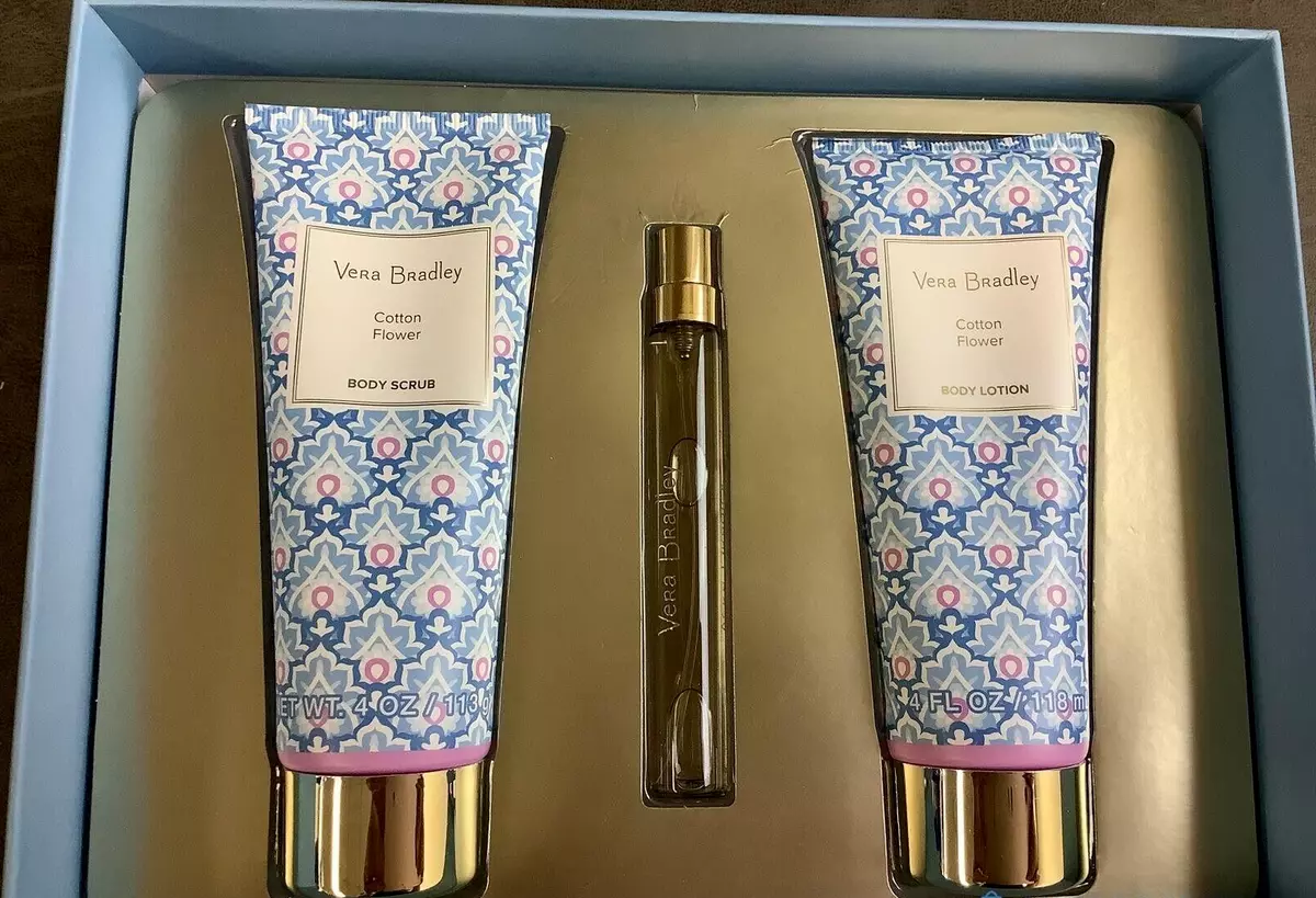Vera Bradley COTTON FLOWER Eau de Toilette Perfume Body Lotion Scrub 3 Piece BOX