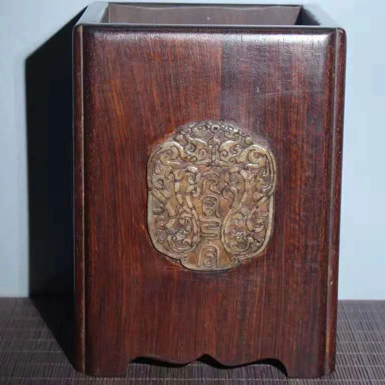 Olla de cepillo tallada a mano de jade con incrustaciones de palo de rosa natural antigua de China rara  Foto 3 de 4