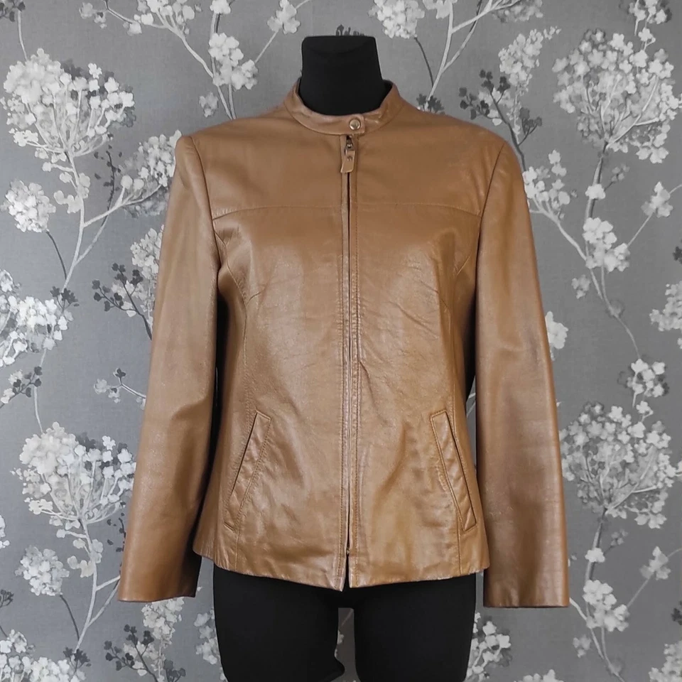 VINTAGE 90'S BETTY BARCLAY BIKER STYLE LIGHT BROWN LEATHER JACKET. GRÖSSE: ME... - Bild 1 von 4