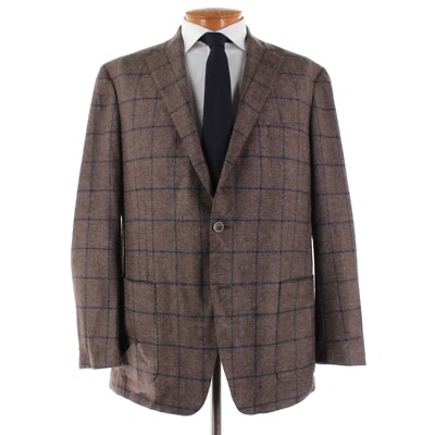 The Oxford Shop Wool / Cashmere Sport Coat Size 46L US In Brown w/ Blue Plaid