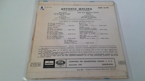 Antonio Molina "Asi Canta..." EP 7" Spanish Single A/G A/BE 1958 - Picture 2 of 2