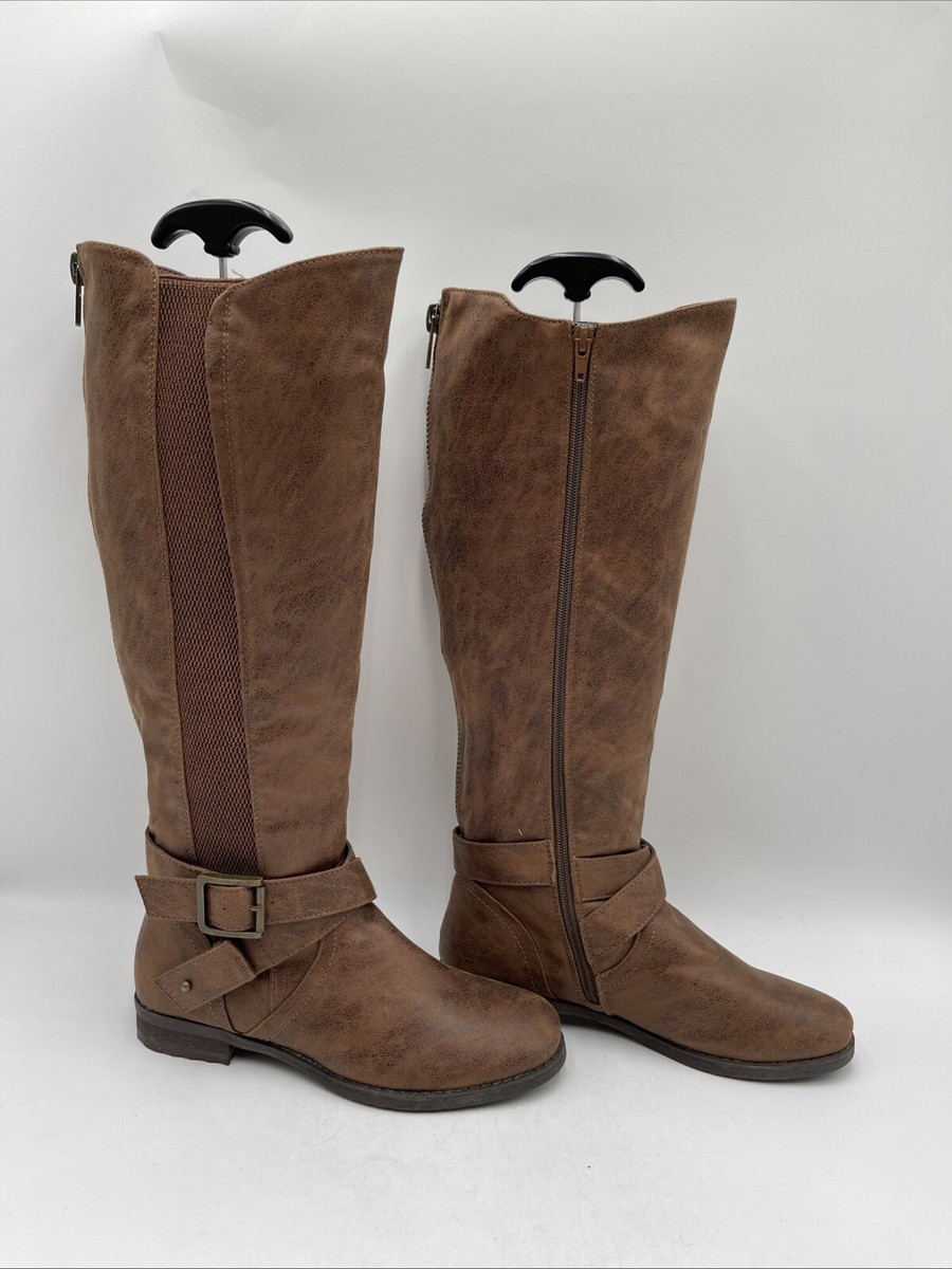 Bullboxer KAYLEY Brown Faux Leather Side Zip Round Toe Knee High Boots Wmns 