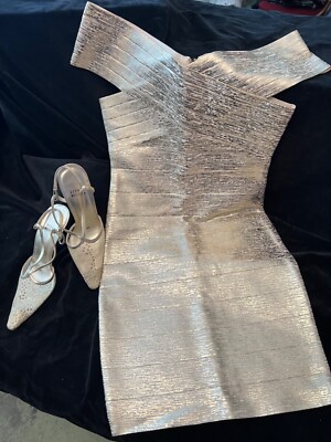 Bebe gold Foil Bandage Small XS/TP with matching Stuart Weitzman shoes 5.5  | eBay