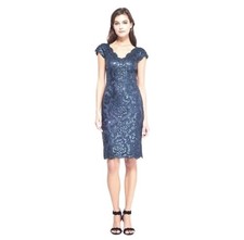 Tadashi Shoji Blue Paillette Sequin Lace Sheath Dress Size 8 Cocktail Formal