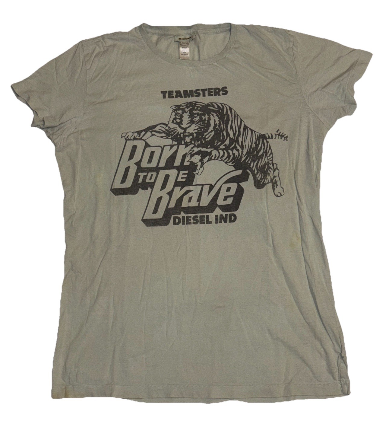 Diesel  IND Vintage Born To B Brave Rare Grey Green Graphic Tee Distressed SZ.XL