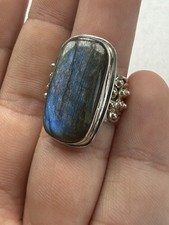 Sterling Silver Large Rectangle Labradorite Gemstone Ring Size 7.5 - 9.7g