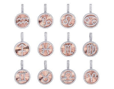 Zodiac Sign 3/5CT Real Diamond Pendant 14K Rose-White Gold 30MM