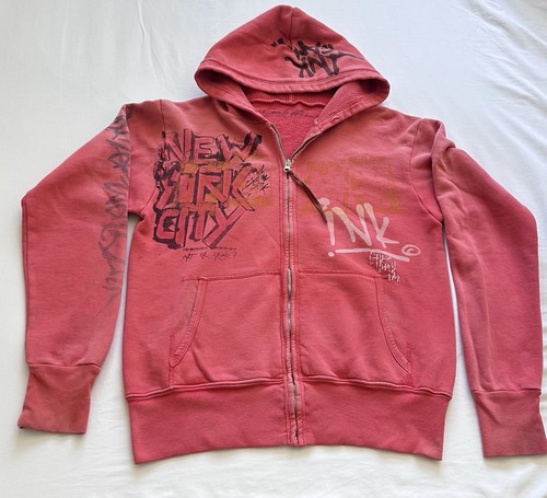 The Great China Wall VTG Y2K Zip Up Hoodie New York Graffiti Graphic Red Small