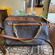 Michael Kors Brown MK Monogram Logo Zip Crossbody Gold Chain Detachable Strap