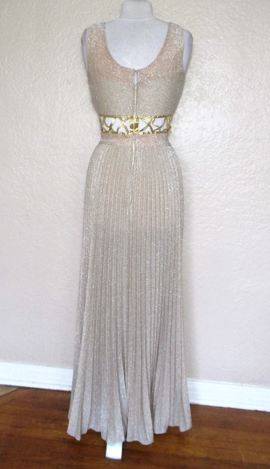 Maxi Vestido de Noche Leslie Fay Años 70 De Colección XS/S Mujer Dorado Cojo Recorte Foto 4 de 4