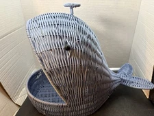Wicker Blue Whale w Spout Storage Basket Container 9X12X16” Coastal Beach Decor