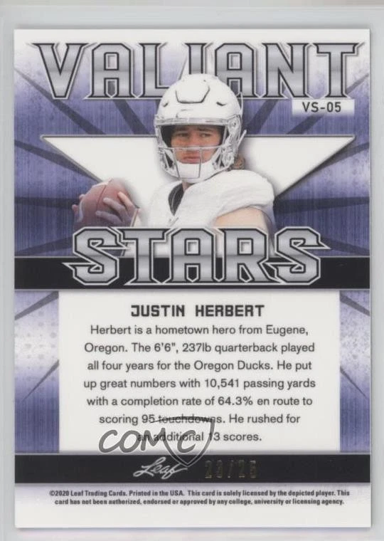 2020 Leaf Best of Sports Valiant Stars Blue /25 Justin Herbert #VS-05 Rookie RC - Image 2 of 2