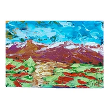 Mountain Original Painting Wildflowers Poppies Semi Abstract Small Wall Art 6x4