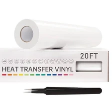 （10D) VinylRus White Heat Transfer Vinyl Roll 12”x20FT, Iron On HTV for Shirts