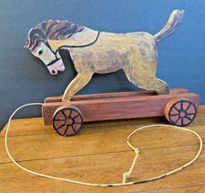 Antique Wooden Horse Pull Toy On Wheels - W/ Pull String Manually Bucks Up