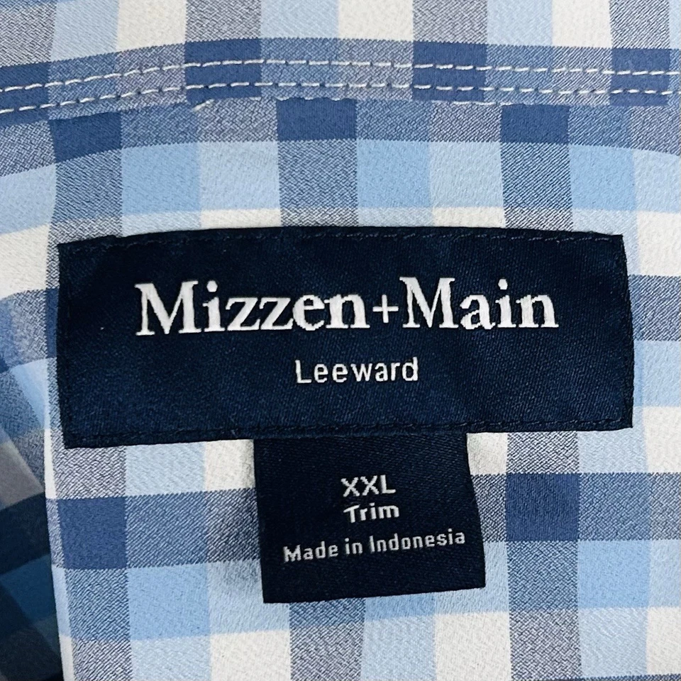 Mizzen Main Leeward 2XL Trim Fit Shirt Blue White Plaid Button Front Poly Blend - Image 3 of 4