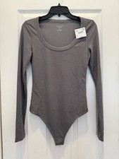 NWT American Eagle Dark Gray Grey Scoop Neck Long sleeve Thong Bodysuit Size Med