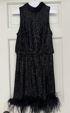 Eliza J Sequin Mock Neck Sleeveless Blouson Feather Trim Sheath Dress,  Size 8