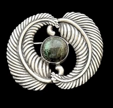 Los Castillo RARE Taxco vintage sterling silver green stone feather brooch pin