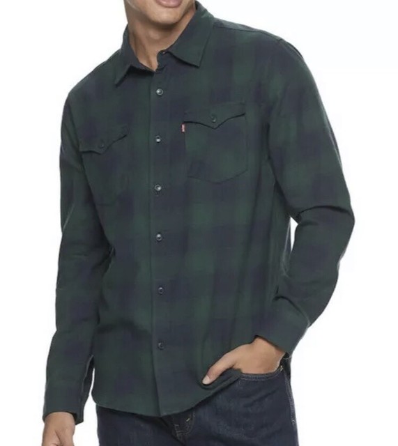 Levis Flannel Plaid Check Button Front Shirt Mens Green Navy XXL 50