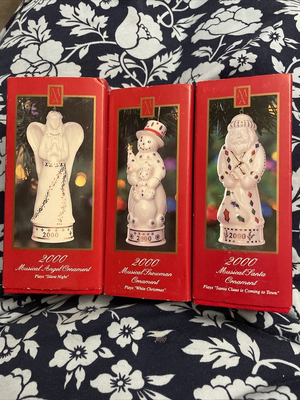 Snowman, Angel and Santa Ornaments Porcelain Madison Ave Musical Need Batteries