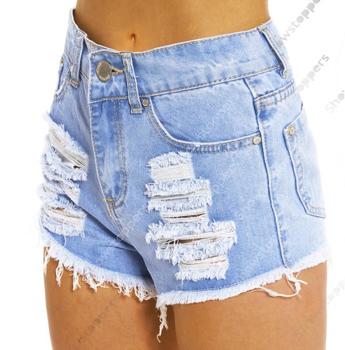 Talla 8 10 12 14 16 NUEVO cintura alta Pantalones Cortos Mujer vaqueros  RASGAR | eBay
