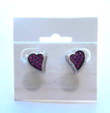 Sterling Silver Earrings -HEARTS--post back-sparkly dark pink clear crystals