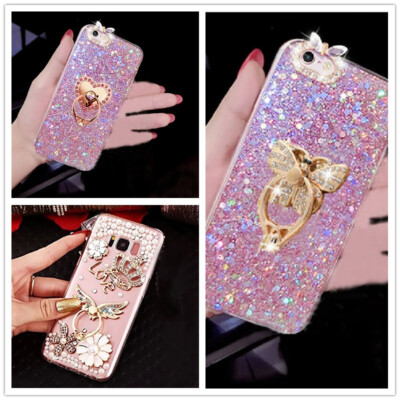 Women's Bling Glitter Rhinestone Diamond Rubber TPU Back Case Wristlet For Phone