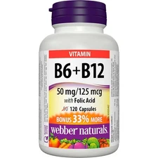 Webber Naturals Vitamin B6+B12 with Folic Acid 50mg/125mcg Arteries 120 pcs NEW