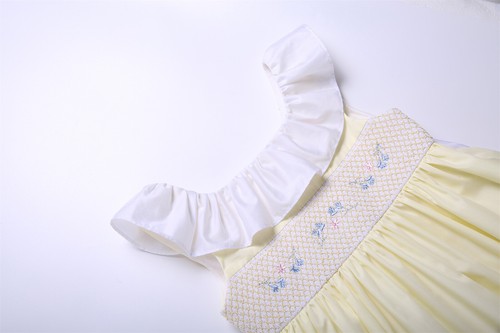 Toddler Girls Lemon Yellow Smocked Dress Flower Embroidery Party Festival Dress - Picture 6 of 13