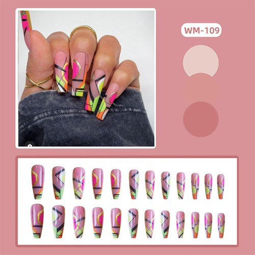 Manicura con brillo geométrico bloque de color uñas postizas prensadas ataúd largo 24 un. - Imagen 6 de 7