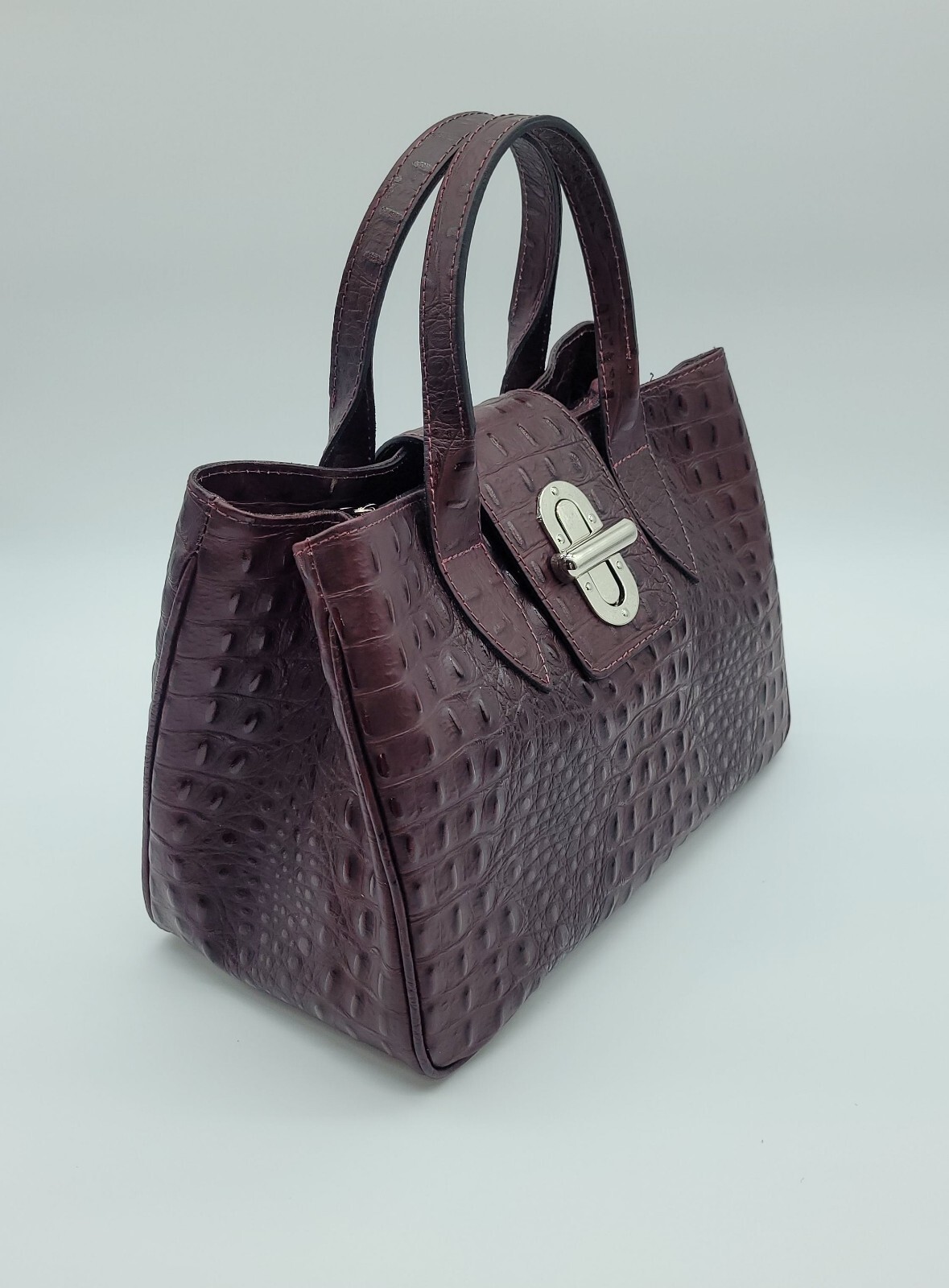 Italian Genuine Croc Embossed Leather Handbag Satchel Made In Italy