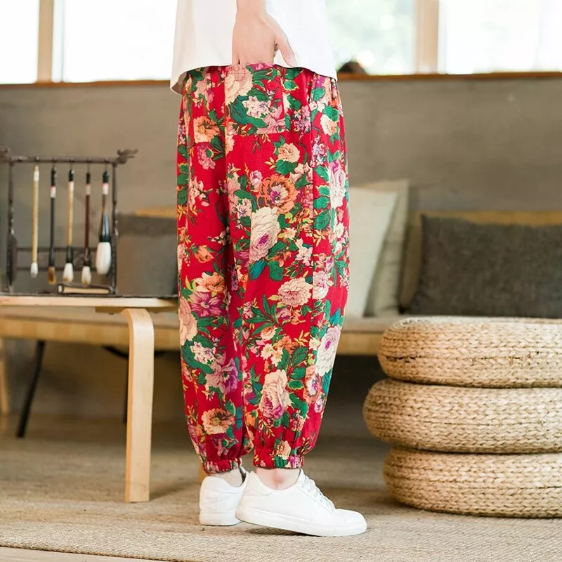 Men Loose Chinese Casual Pants Floral Print Elastic Waisted Trousers Drawstring Men Loose Chinese Casual Pants Floral Print Elastic Waisted Trousers Drawstring