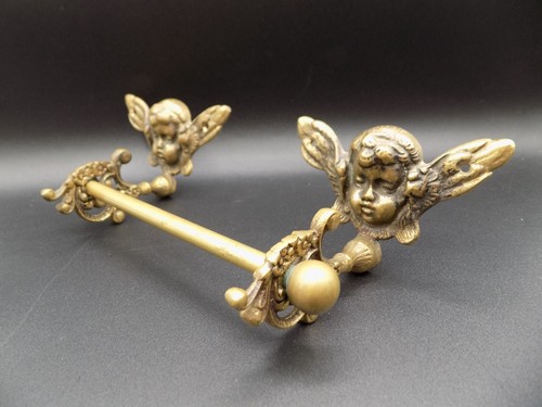 Vintage Antique Brass Toilet Paper Roll Holder CHERUBS ANGELS Japan Wall Mount