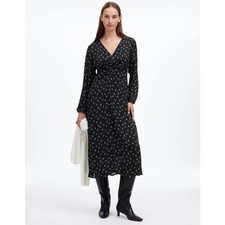 Madewell Ruched Midi Dress SZ 6 Black White Print V-Neck Long Sleeve Seersucker