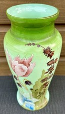 Stunning Victorian Hand Painted Green Milk Glass Vase Vintage Beautiful Opaline