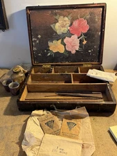 Antique Wood Artists Box w/ Floral Painting Tools Made in Germany Pigments Lady?