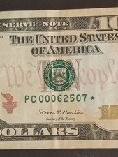 Low Serial Number Very Rare Star Note!! 10 Dollar Bill 2017A Series 00062507*