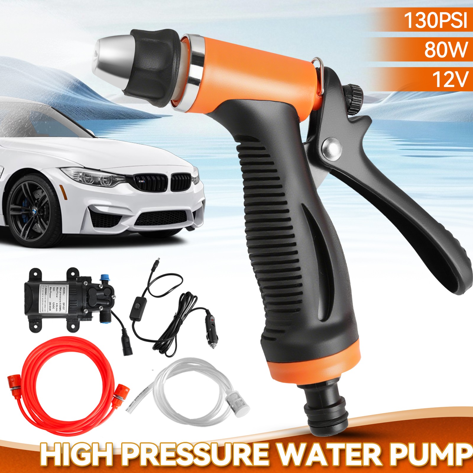 80W 12V Car Washer Portable Water Pump Kit Pressure Sprayer Cleaner Hose Van