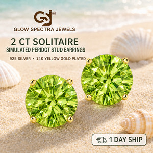 Authentic 2.00CT Solitaire Green Peridot Stud Erring Screw Back 14k Yellow Gold Plated