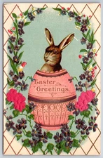 Easter~Brown Bunny In Lg Pink Egg~Violets~Rose Silk Add On Flowers~Gold~Austria