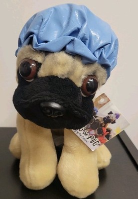 Doug the Pug King of Pop Culture with Blue Shower Cap and Yellow Collar