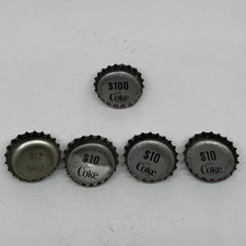 5 Coca Cola 1980&rsquo;s Cash Winner Silver Bottle Caps (1)$100 (4)$10 Non-redeemable