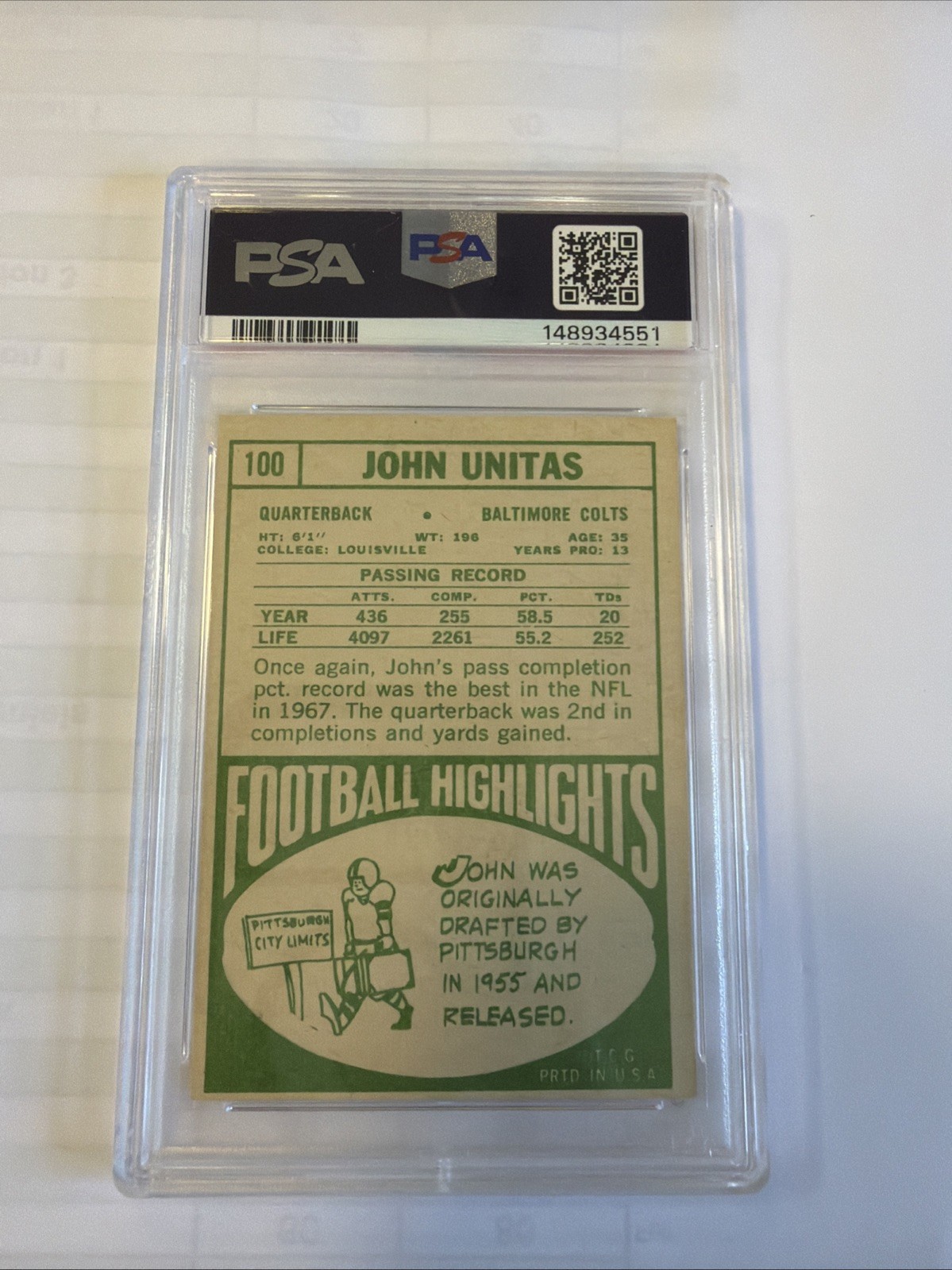 1968 Topps NFL Football Card # 100 Johnny Unitas Baltimore Colts (HOF) PSA EX 5! view 2