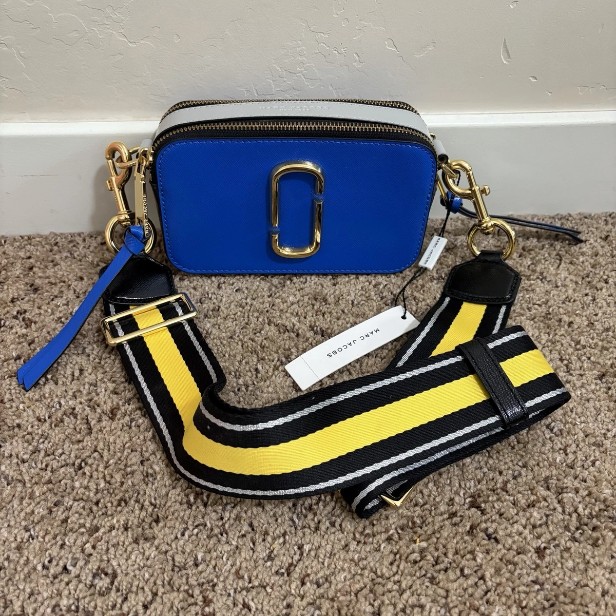 Marc Jacobs NWT The Snapshot Bag Dazzling Blue Multi Yellow Strap