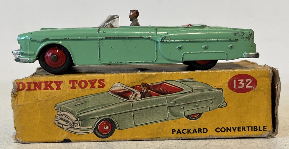 Vintage Dinky 132 Packard Convertible Pale Green Car w/ Figure Orignal Boxed - Image 2 of 4