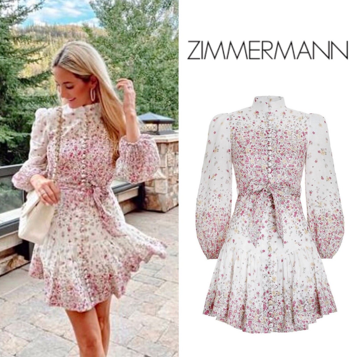 NWOT $795 Zimmermann Carnaby Pink Floral Linen Mini Dress